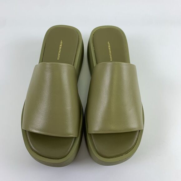Anthropologie Leather High Platform Wedge Sandal Green Slip On Womens 38 US 7.5 - Picture 4 of 15